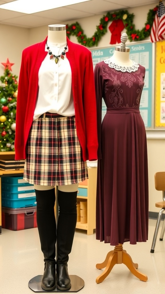 Stylish Christmas outfits for teachers displayed in a festive classroom.